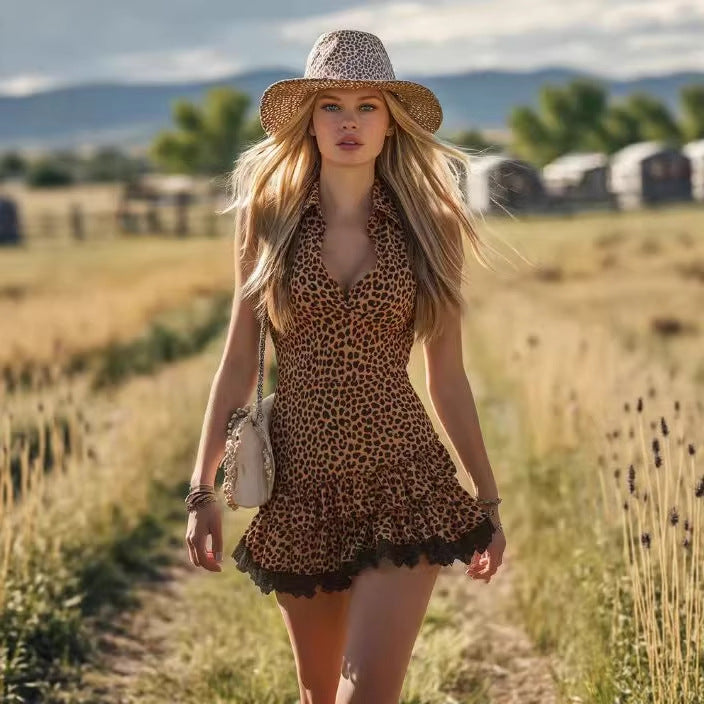 Women's Leopard Print Lapel Summer Lace Ruffled Waist Dress
