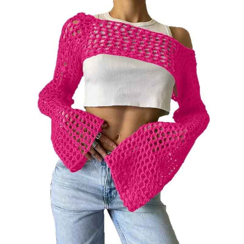 Women's Crochet Casual Bell Sleeve Sexy Mesh Women's Sweater