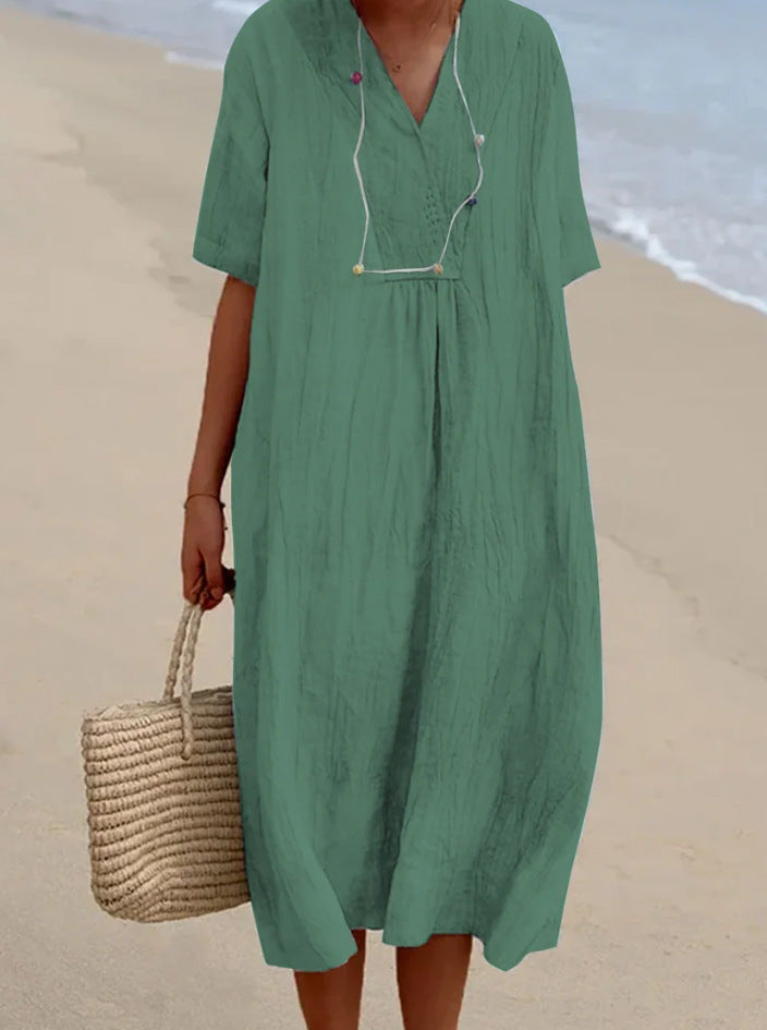 Women's Versatile Casual Solid Color Cotton Linen Dress