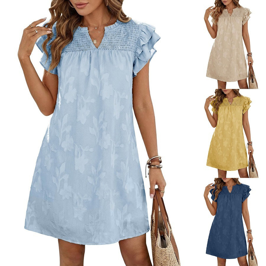 Women's Summer Double Ruffled Sleeves Pleating Floral Dress