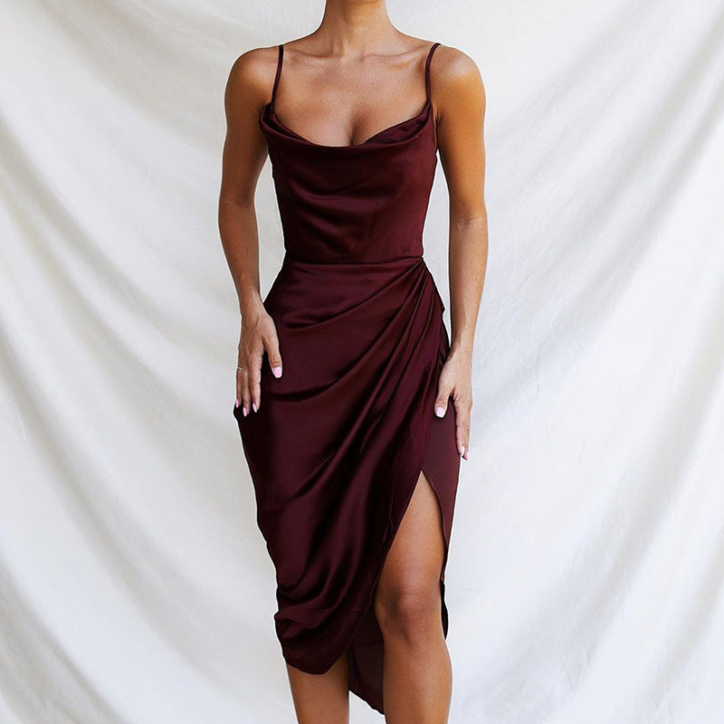 Fashion Sexy Slit Satin Slim Temperament Dress