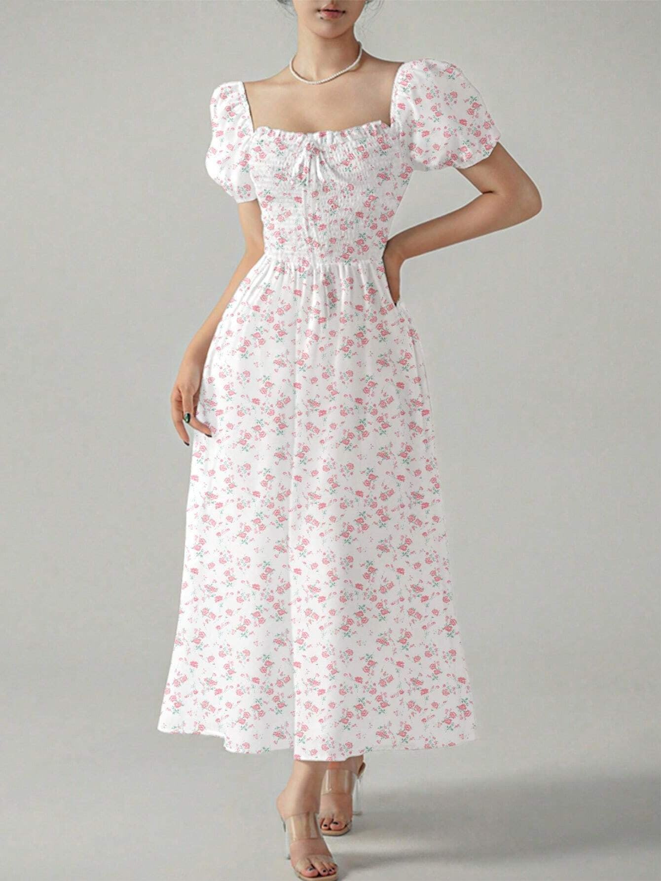 Square Collar Puff Sleeve Printed Elegant Dress