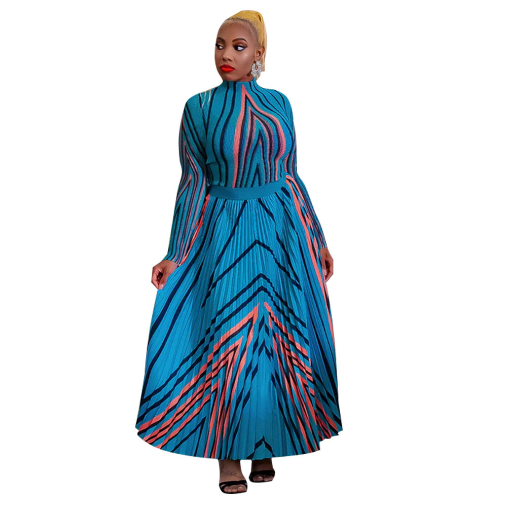 Women's Large Long-sleeved Printed Pleated Two-piece Suits