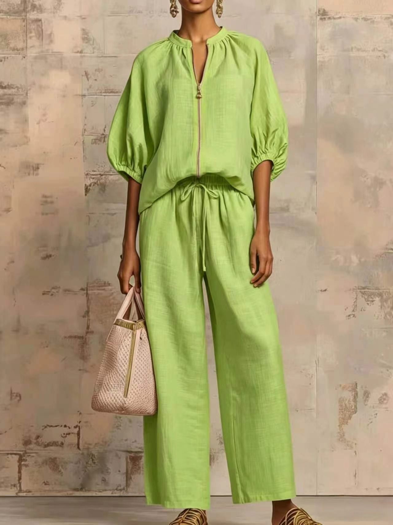 Loose Vacation Style Zipped Round Neck Wide Suits
