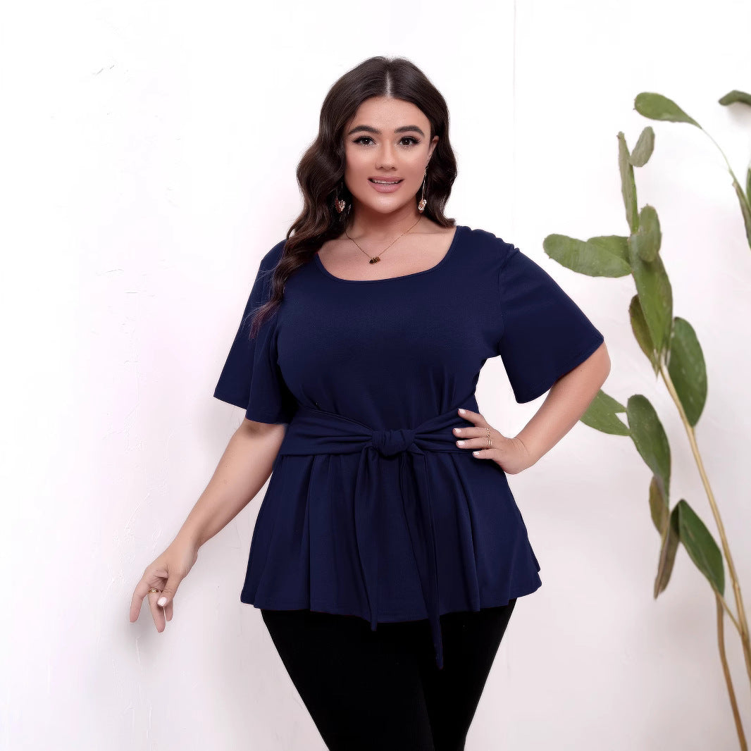 Women's Simple Short-sleeved Round Neck Waistband Slimming Blouses