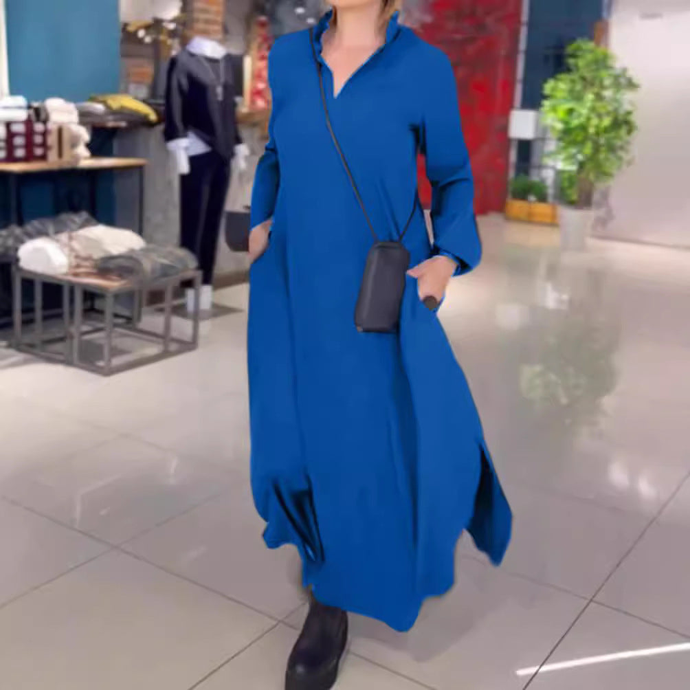Women's Casual Solid Color Long Sleeve Pocket Dresses