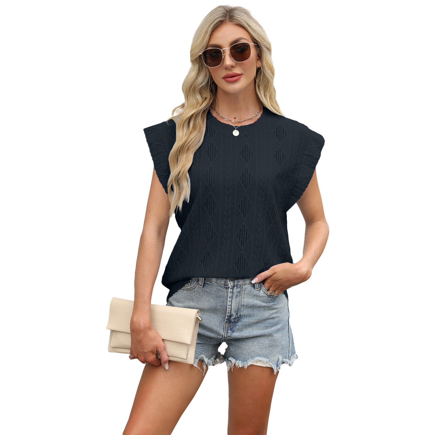 Women's Round Neck Loose Sleeves T-shirt Jacquard Blouses