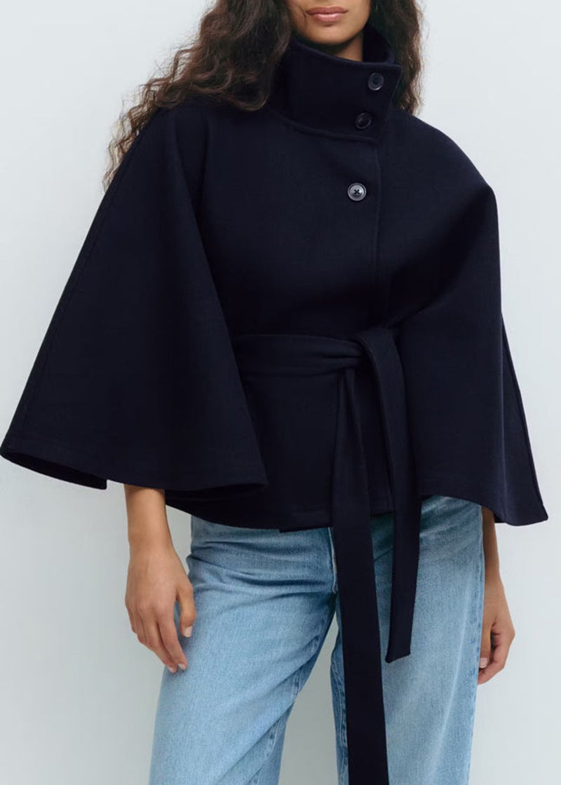 Women's Color Cloak Stand Collar Button Belt Coats