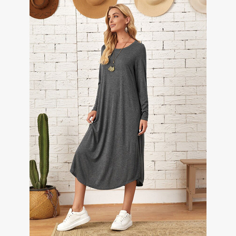 Women's Solid Color Knitted Side Seam Straight Pocket Curved Hem Dress