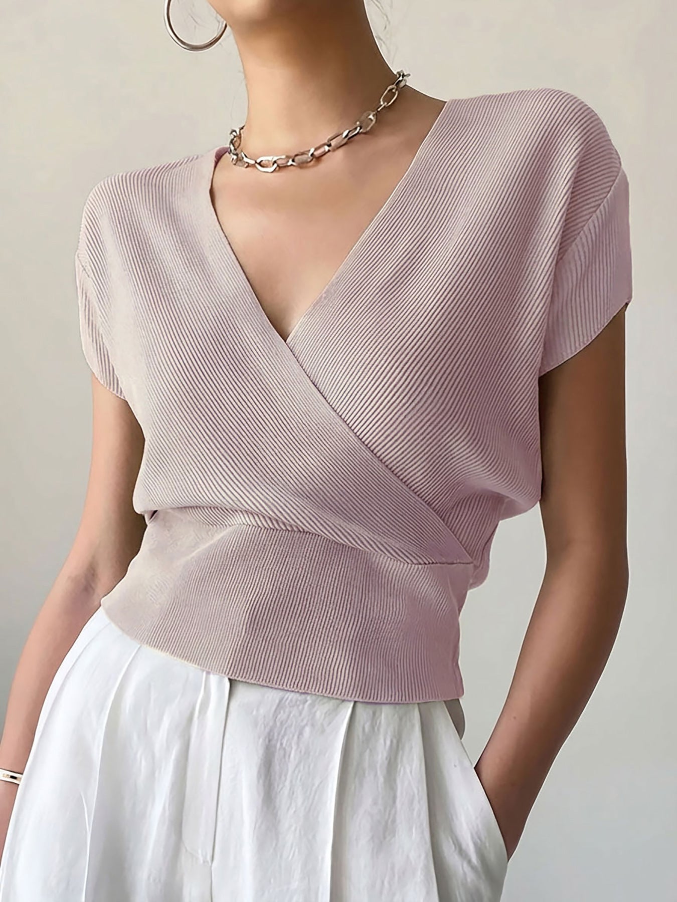 Women's Color With Cross Collar On Both Sides Easy Matching Waisted Women's Sweater