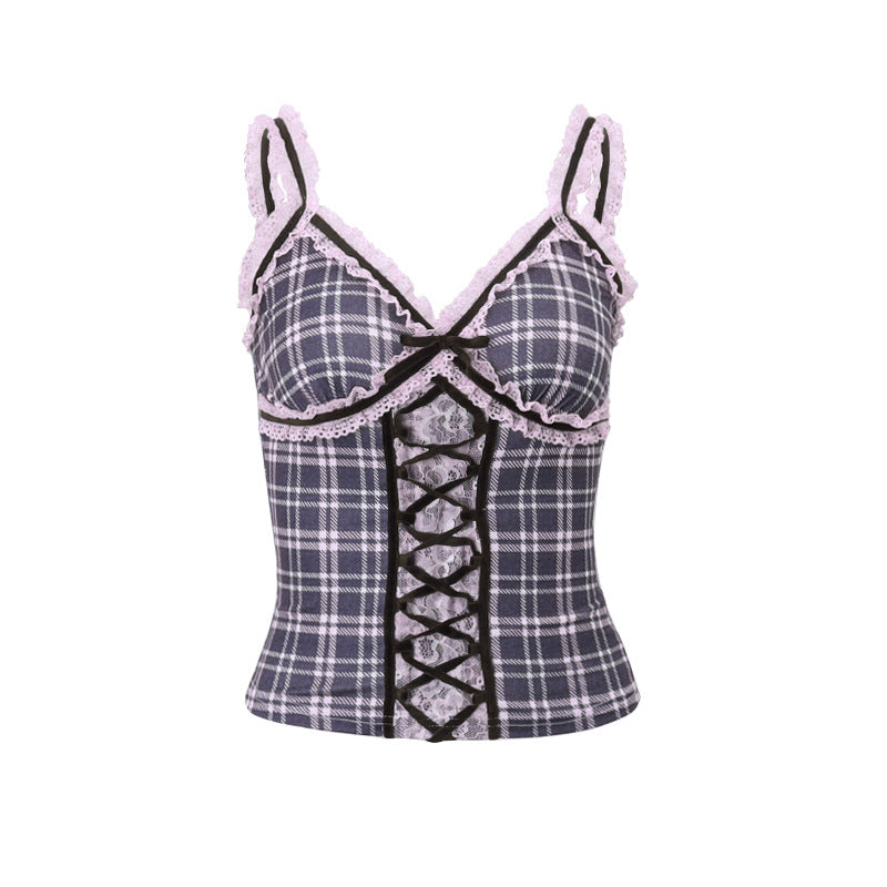 Women's Style Pure Lace Stitching Plaid Drawstring Tops