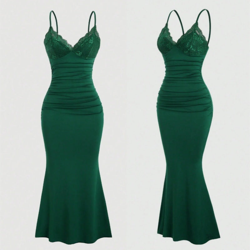 Women's American Elegant Lace Stitching Solid Color Pleated Fishtail Hem Suspender Dress