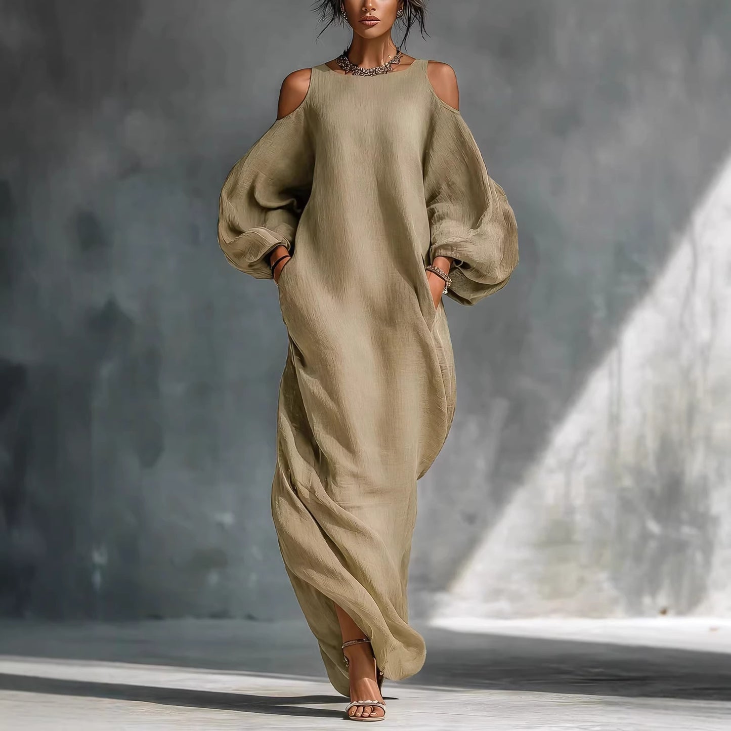 Women's Cotton Linen Casual Style Long Sleeve Dress