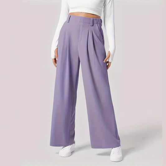 Women's High Waist Wide Leg Pleated Waffle Side Pants
