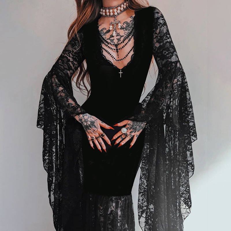 Women's Autumn Elegant Batwing Sleeve Lace Stitching Dresses