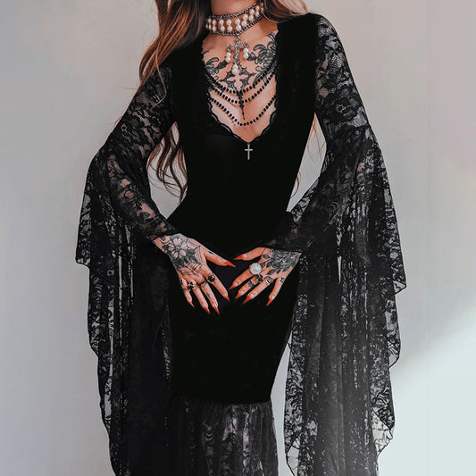 Women's Autumn Elegant Batwing Sleeve Lace Stitching Dresses