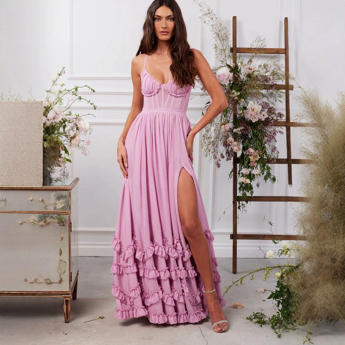 Wrapped Chest Fishbone Solid Color Dress Dresses