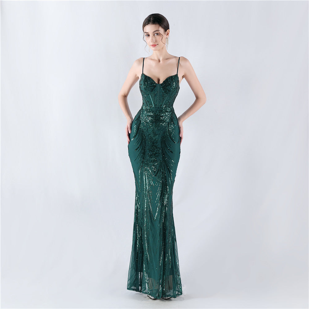 Shaping Waist Fishbone Sequined Positioning Flower Evening Dresses