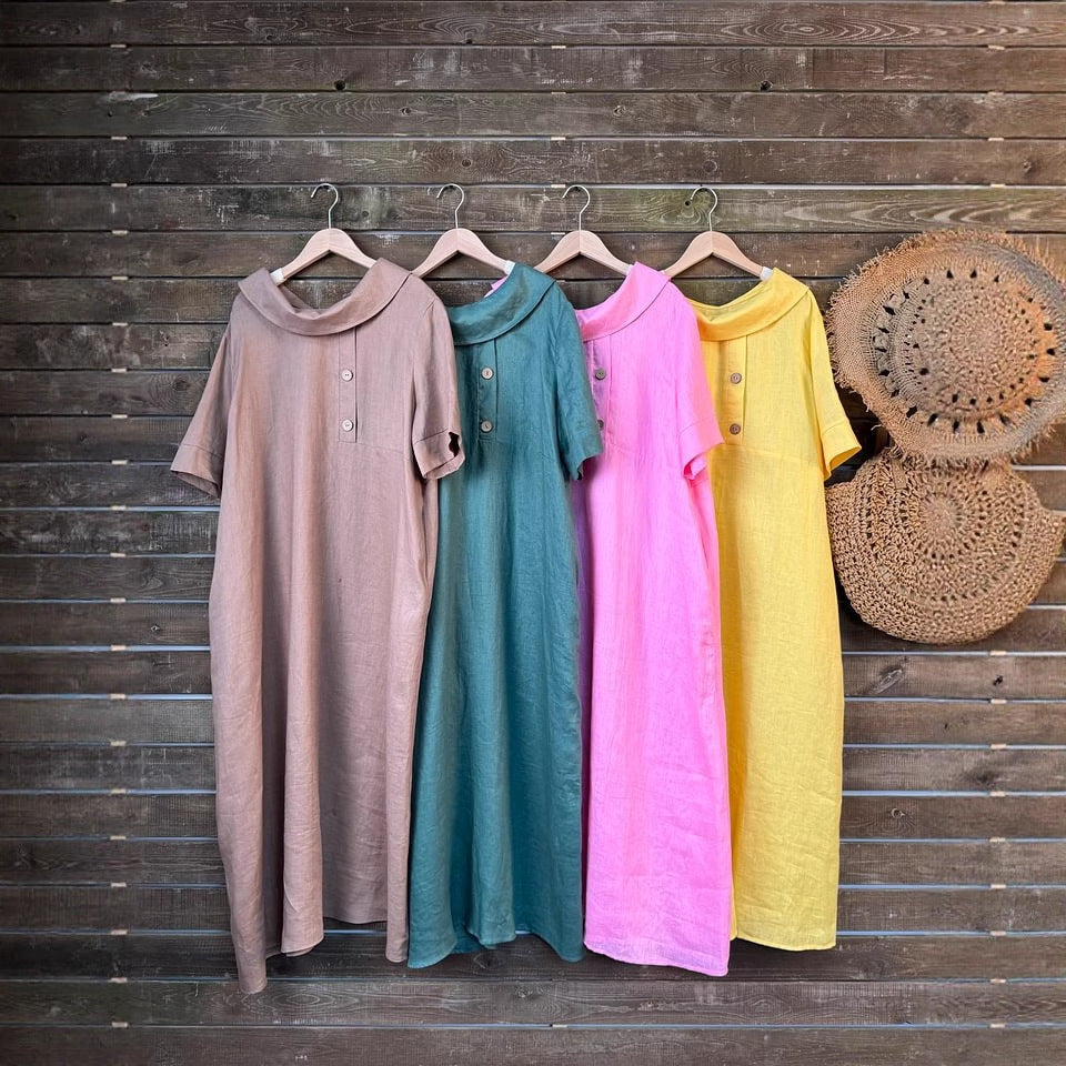 Women's Cotton Linen Casual Loose Pile Collar Sleeve Dress