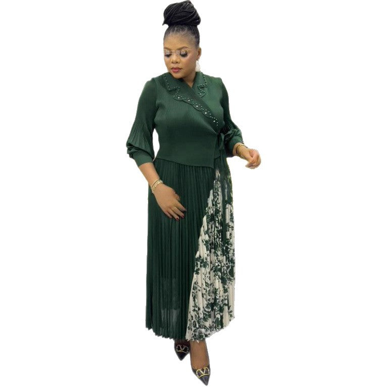 African Elegant Pleated Print Long Sleeve Suits