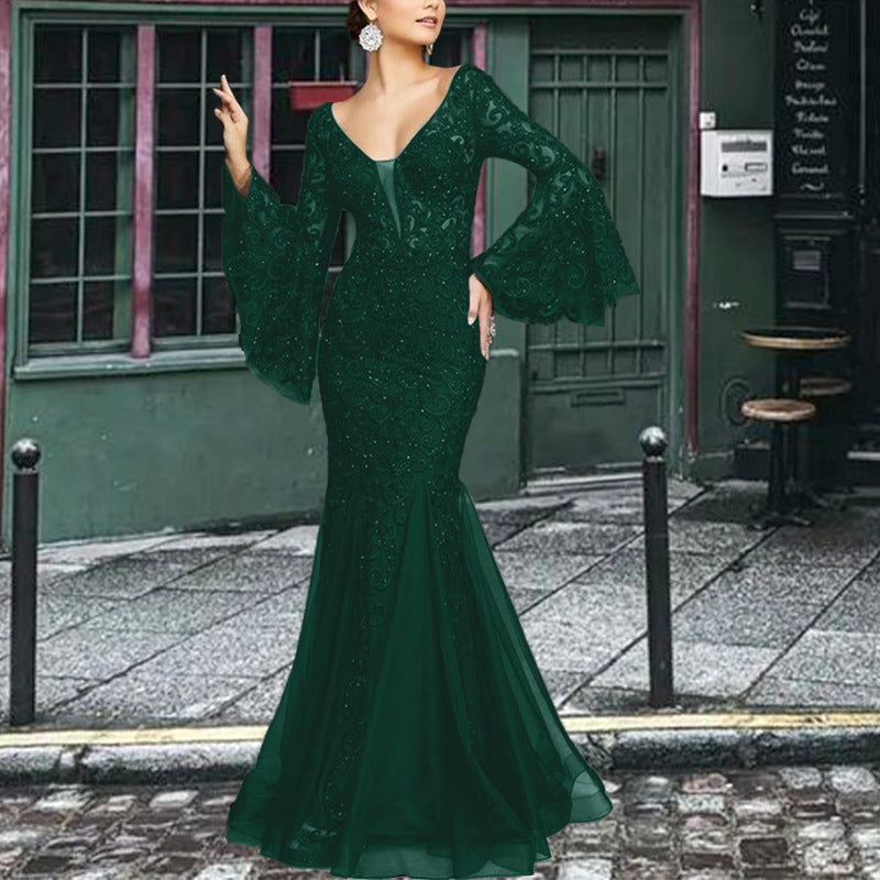 Lace Elegant Sexy Slim Fishtail Long Banquet Female Black Dress