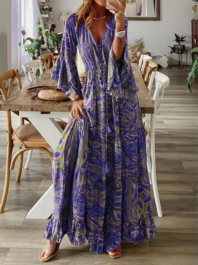Bohemian Flare Sleeve Printed High Waist Holiday Dress