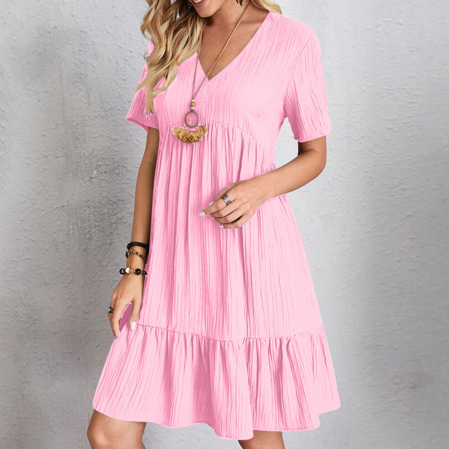 Women's Loose Solid Color Pleated Casual Lace Dress