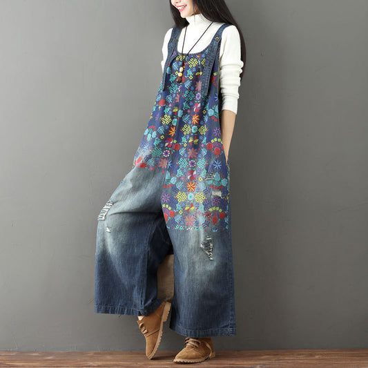 Women's Printed Brushed White Ripped Suspender Female Jeans