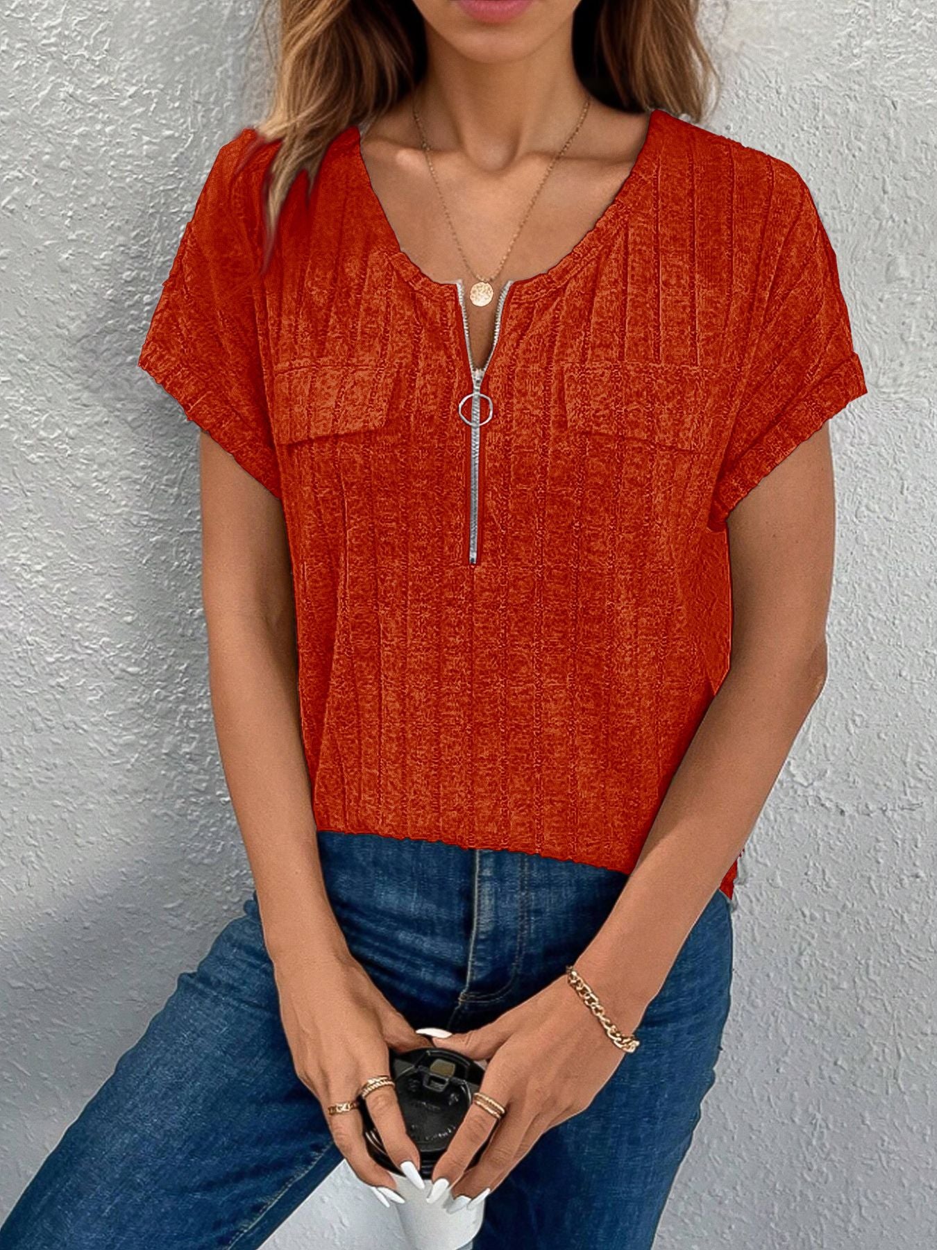 Solid Color Zipper Sleeve Faux Pocket Blouses