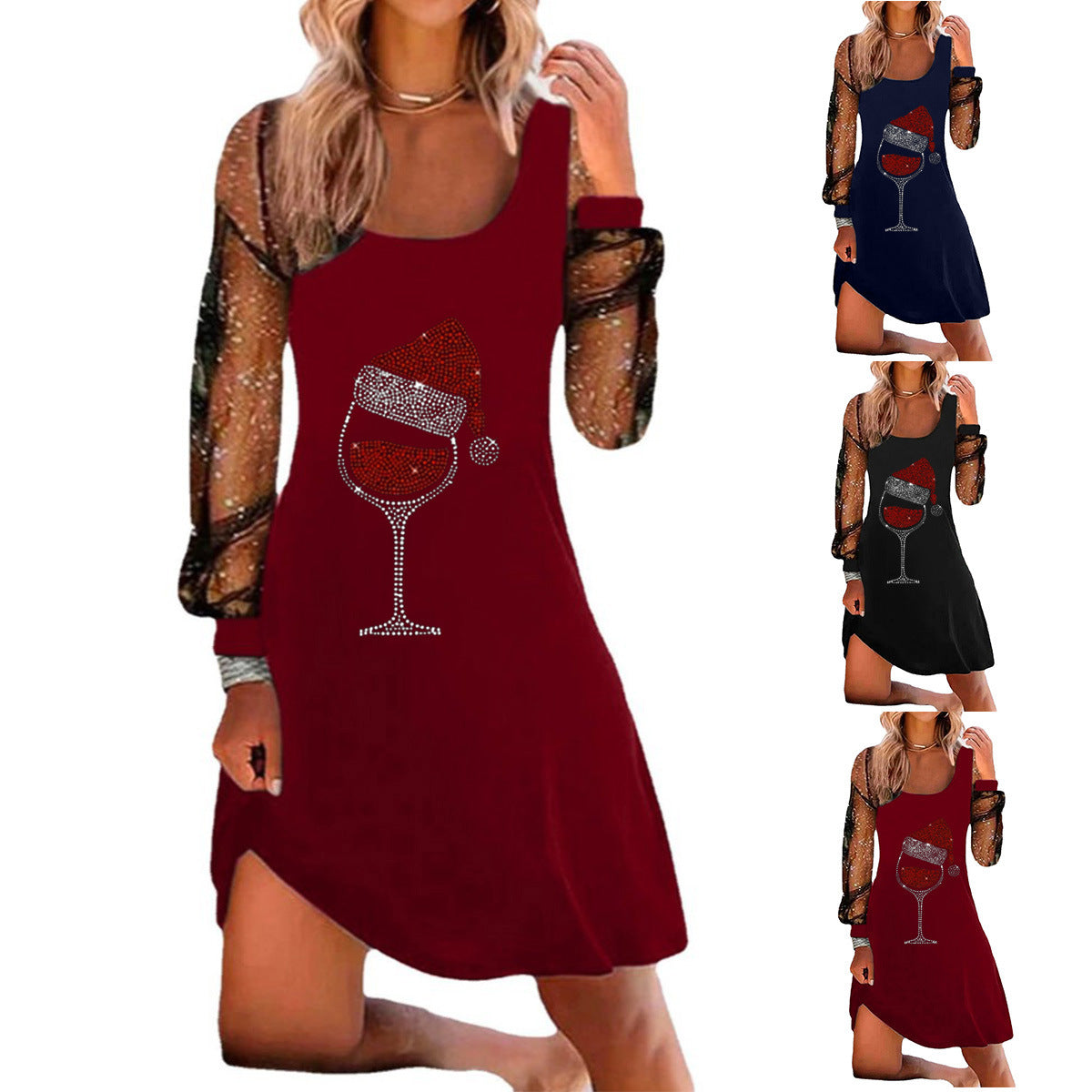 Women's Wine Glass Hot Drilling Upper Clothes Long Sleeves Dress