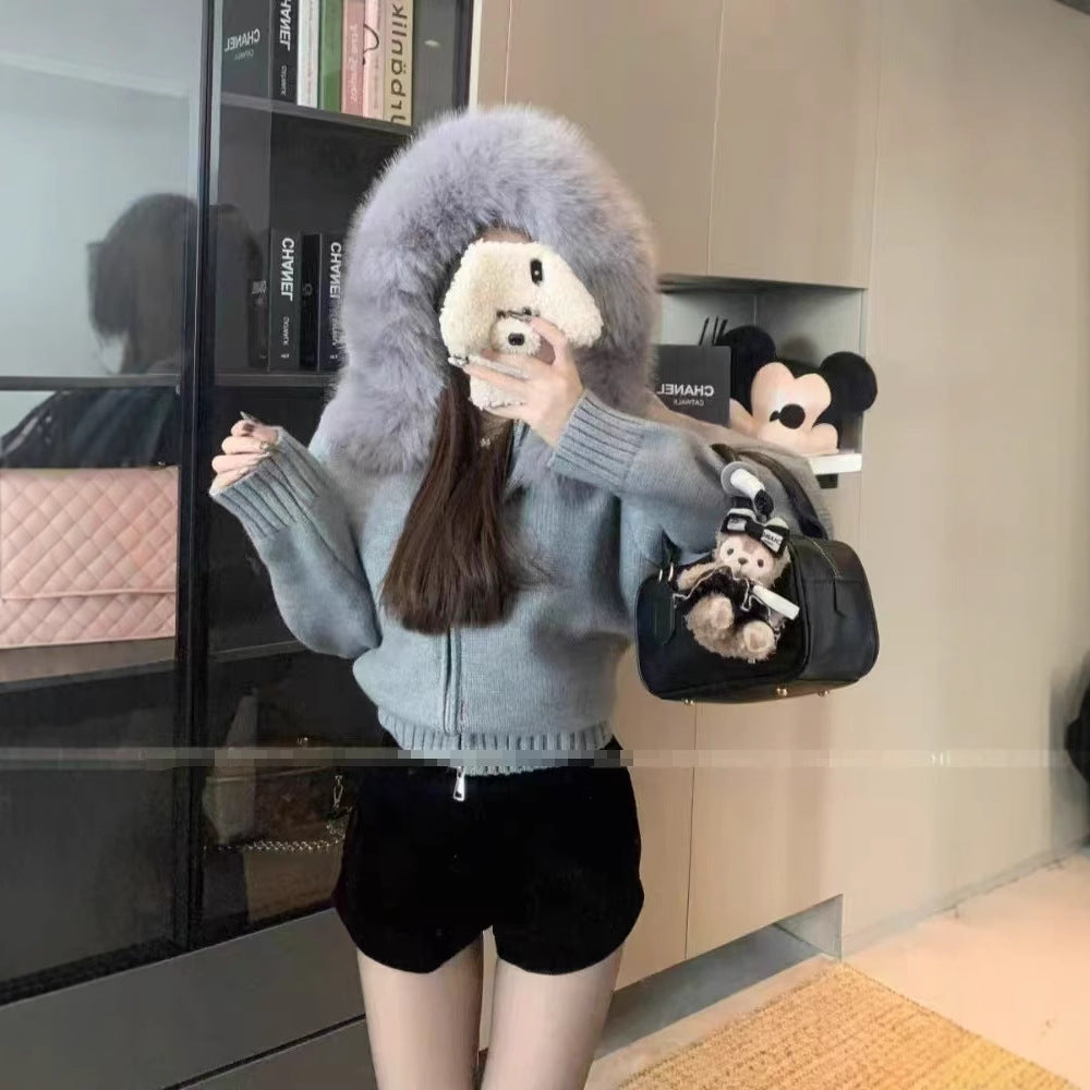 Women's Thickened Hooded Large Fur Collar Fashionable Women's Sweater