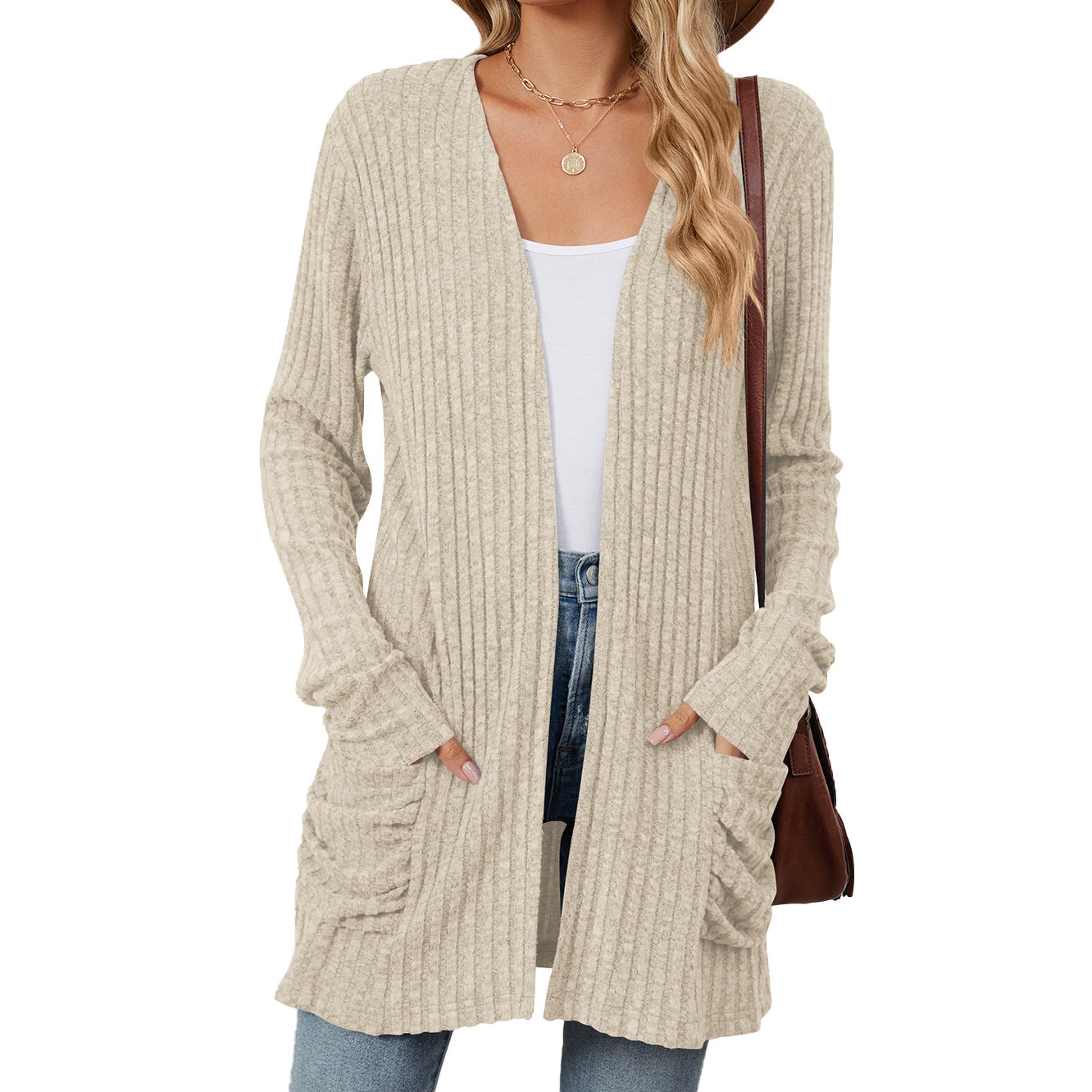Solid Color Pocket Long Sleeve Bottoming Knitwear