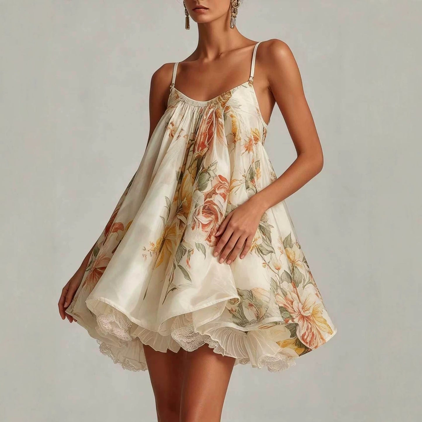 Women's Large Flower Loose Suspenders Puff French Lace Irregular Dress