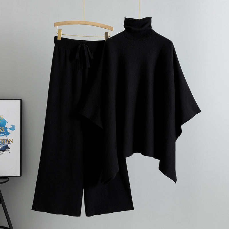 Women's Two-piece Turtleneck Cape Knitted Wide Leg Elegant Fashion Casual Suit