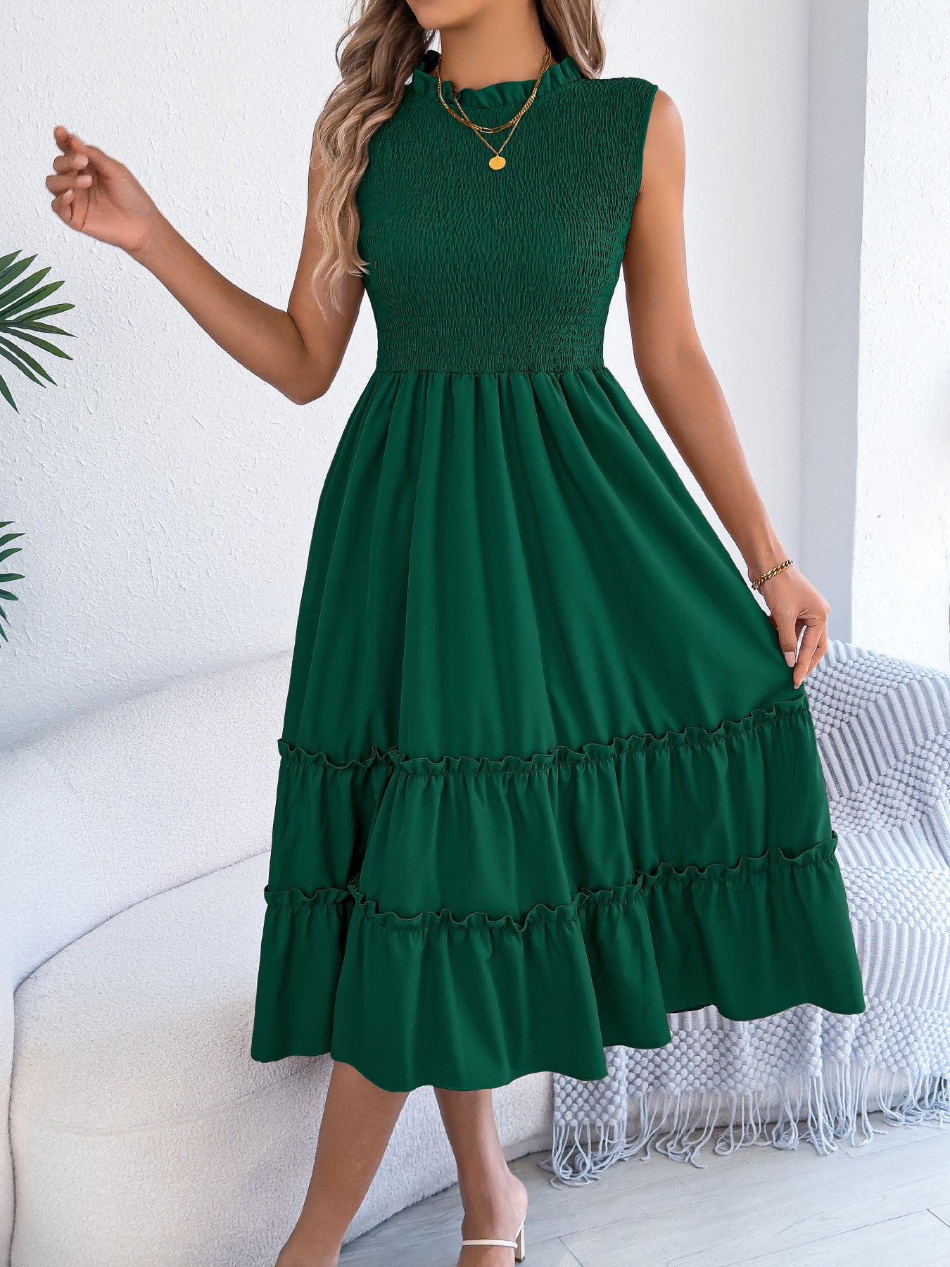 Women's Casual Sleeveless Smocking Wooden Ear Large Clothing