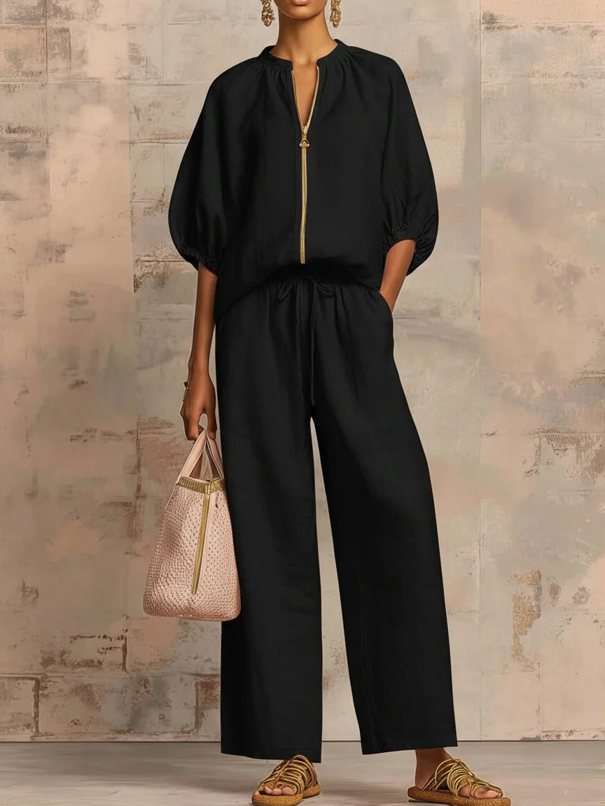 Loose Vacation Style Zipped Round Neck Wide Suits