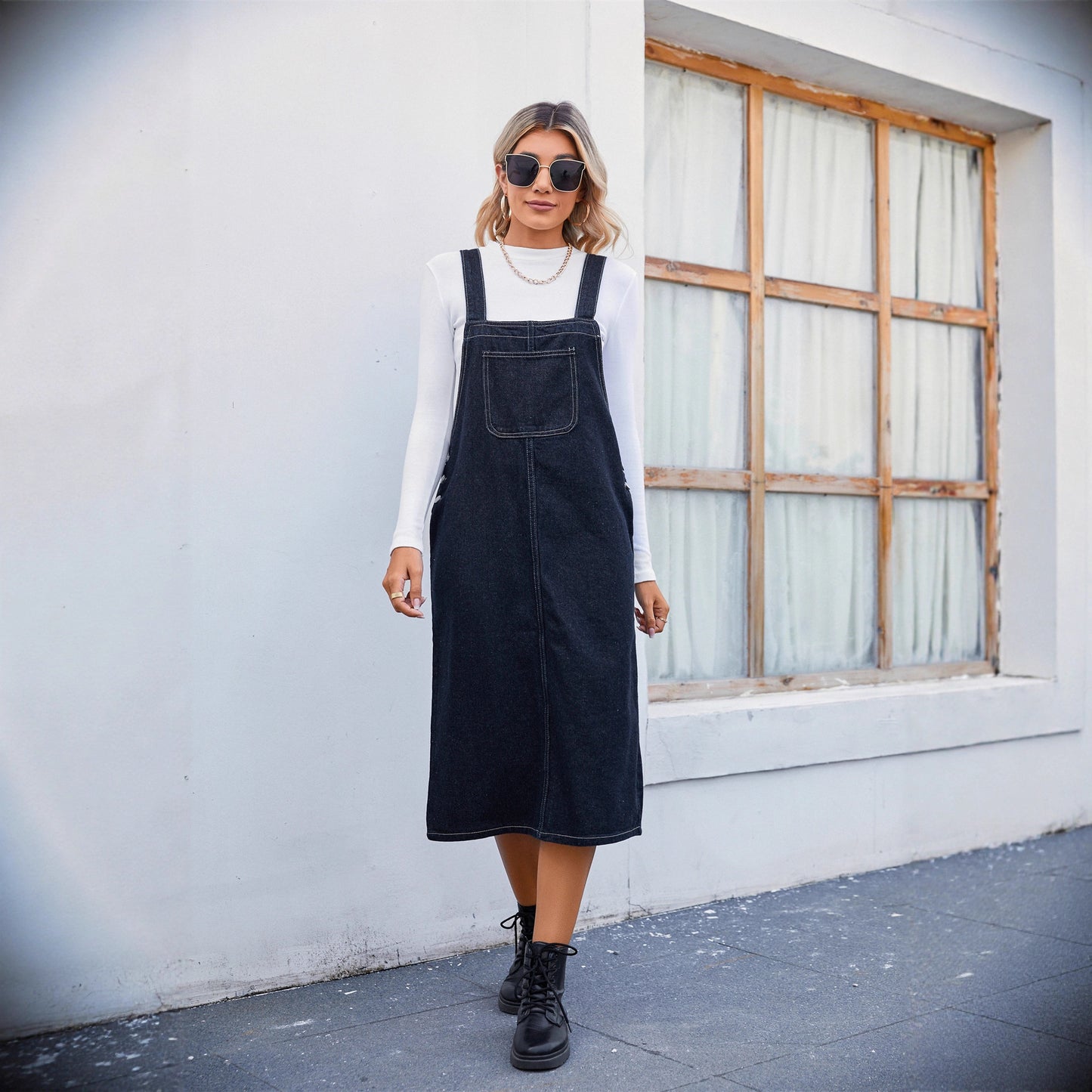 Charming Personalized Washed Denim Brace Midi Dress