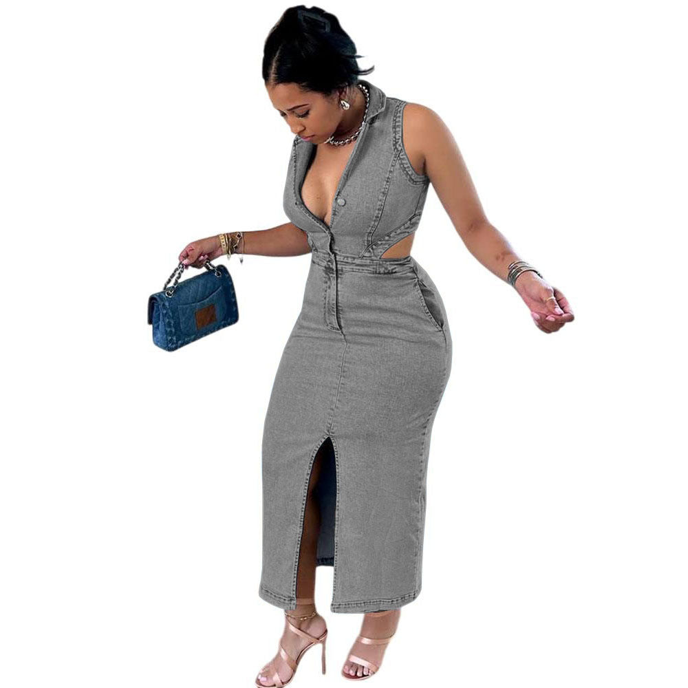 Women's Street Fashion Single-breasted Sleeveless Halter Stretch Dresses