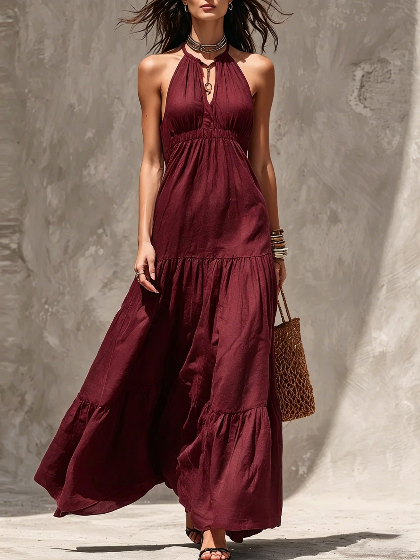 Women's High Waist Stitching Cotton Linen Holiday Dress