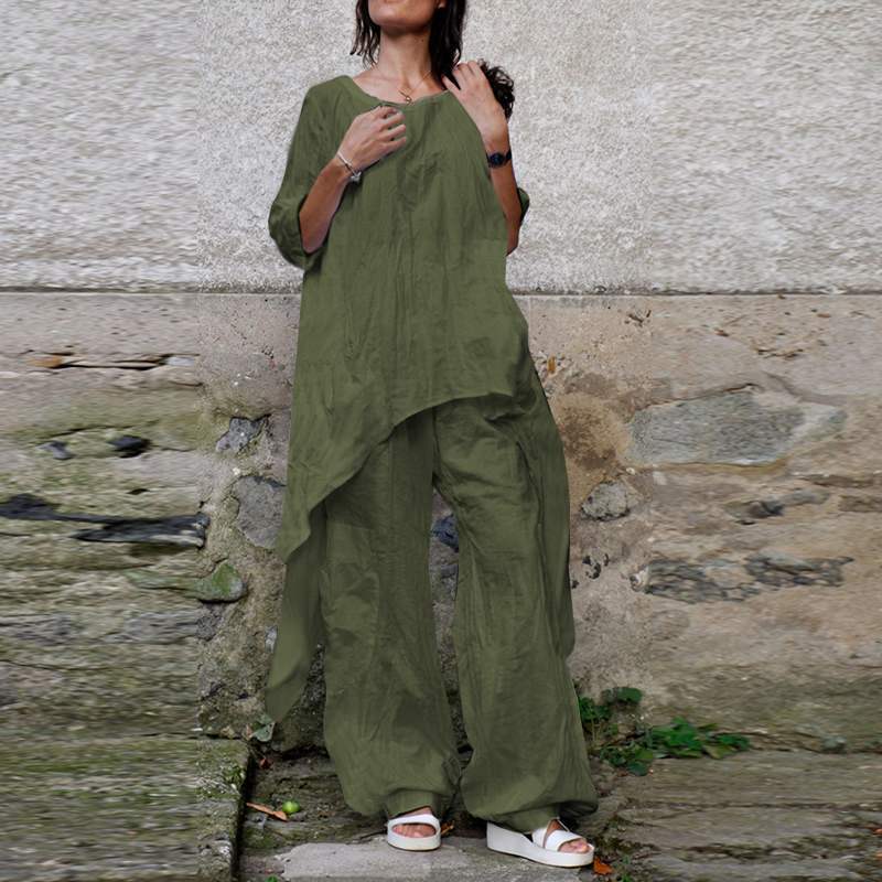Irregular Hem Round Collar Cotton Linen Suits