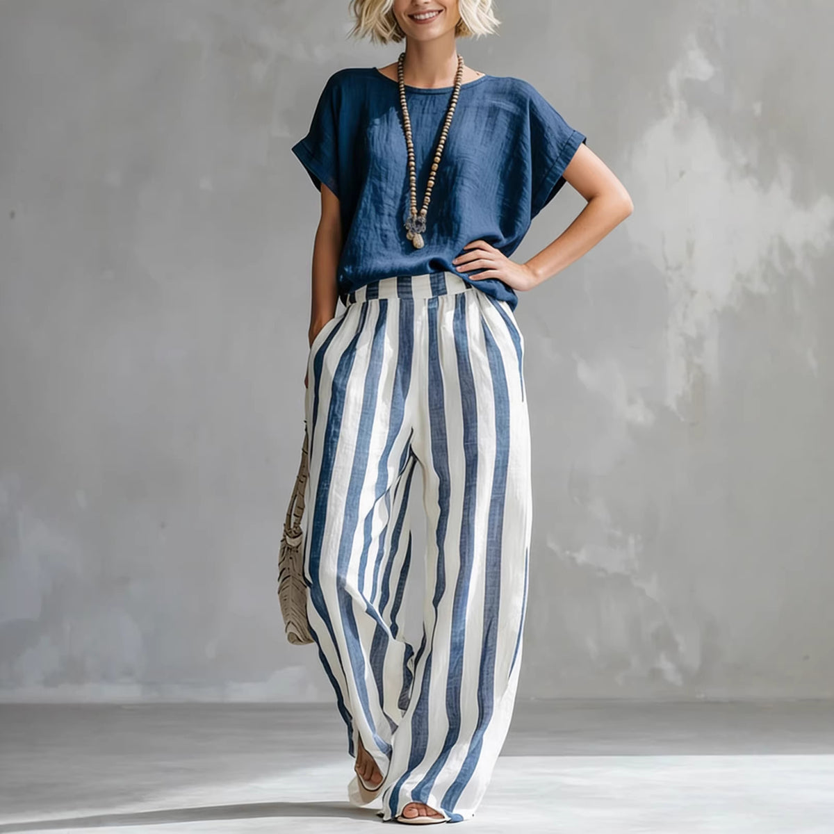 Women's Round Neck Straight Striped Trousers Fashion Casual Suit