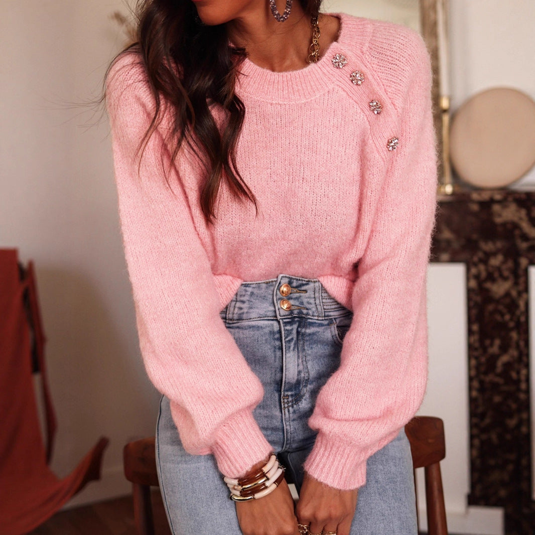 Women's Solid Color Raglan Sleeve Elegant Round Sweater