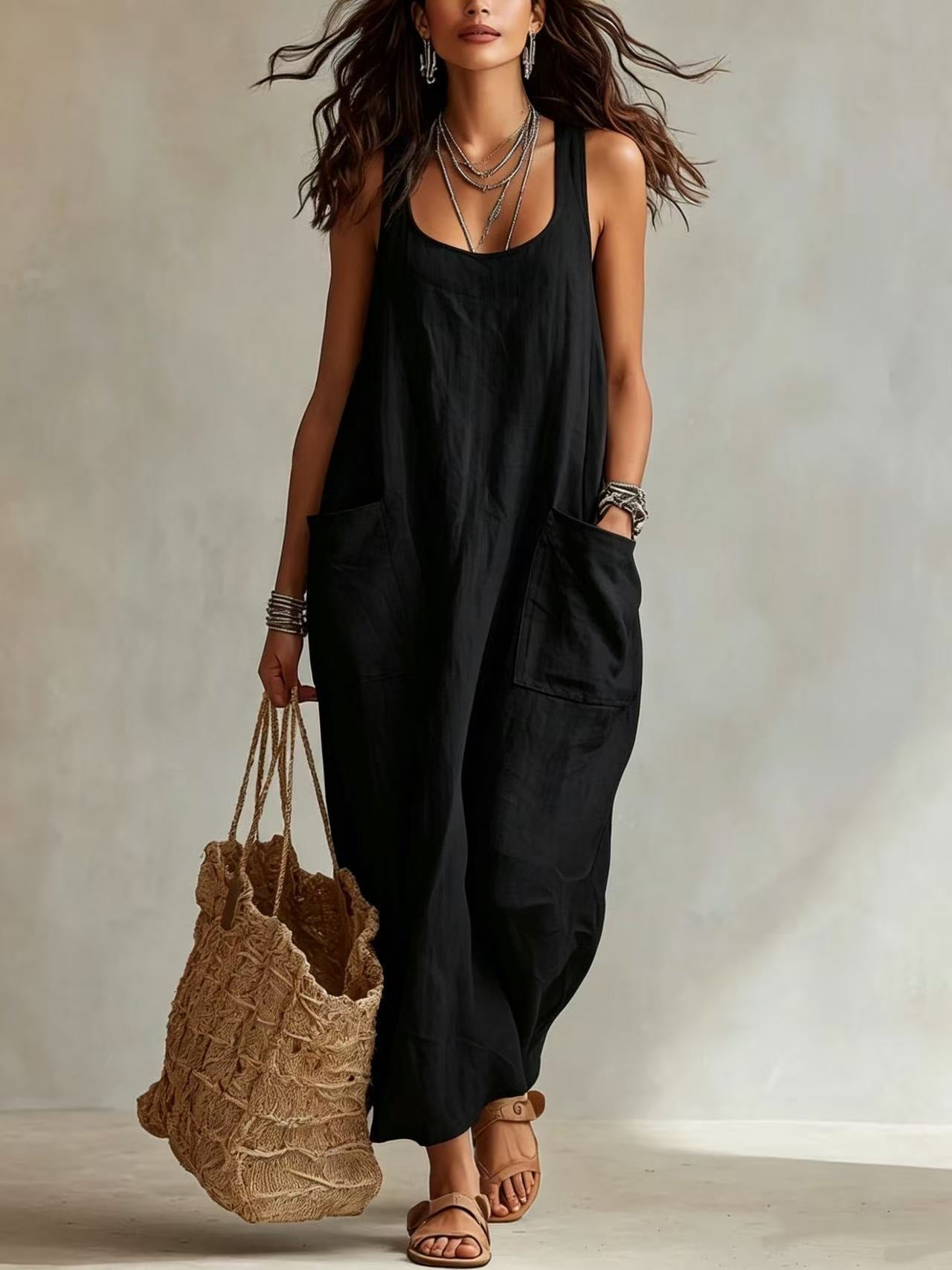 Women's Summer Elegant Casual With Big Pockets Strap Dress