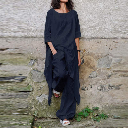 Irregular Hem Round Collar Cotton Linen Suits