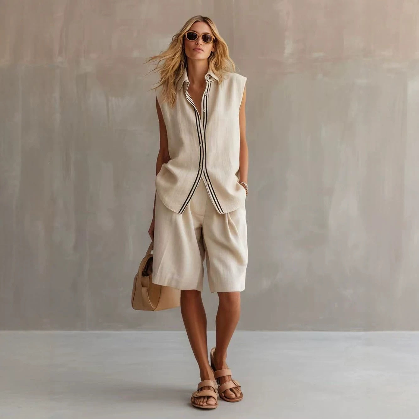 Women's Summer Wear Single-breasted Sleeveless Linen Bushing Fashion Casual Suit