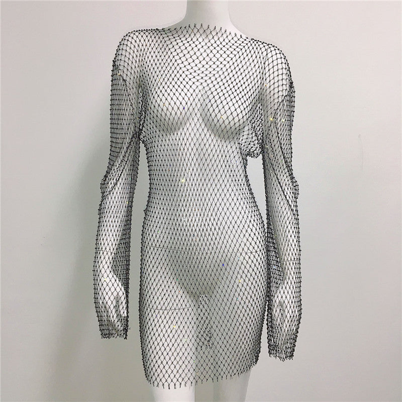 Women's Summer Fashion Diamond Round Neck Long Sleeve Fishnet Dresses