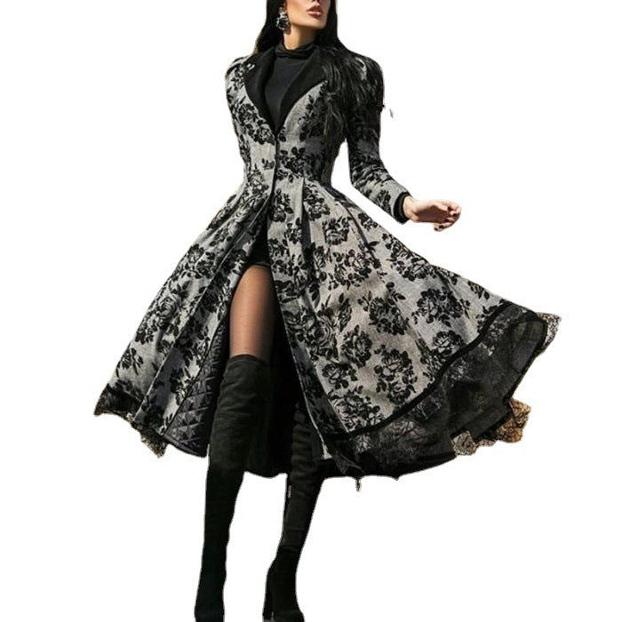 Women's Beautiful Lace Splicing Retro Long Trench Dresses