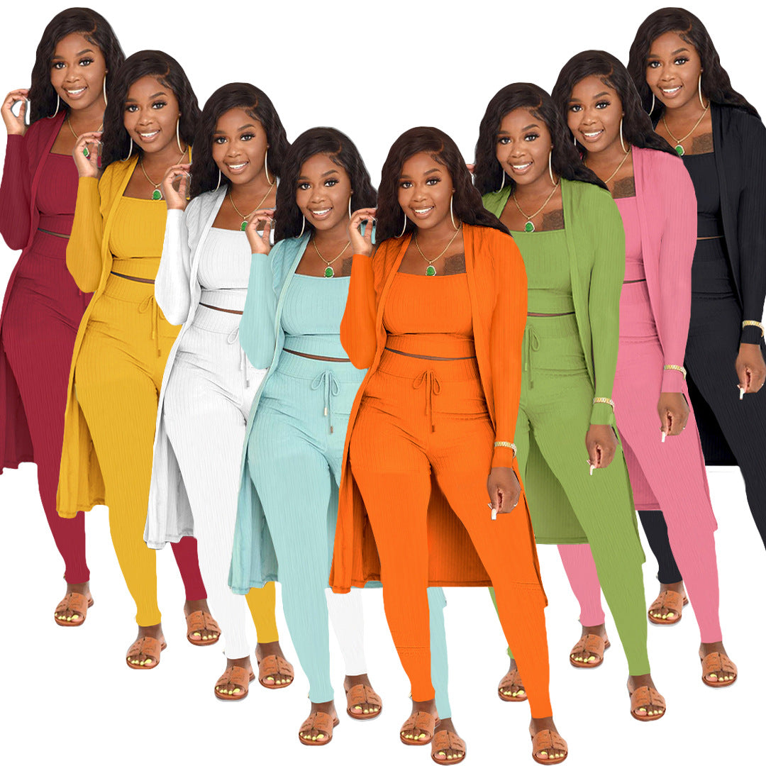 Women's Sunken Stripe Solid Color Three-piece Clothing
