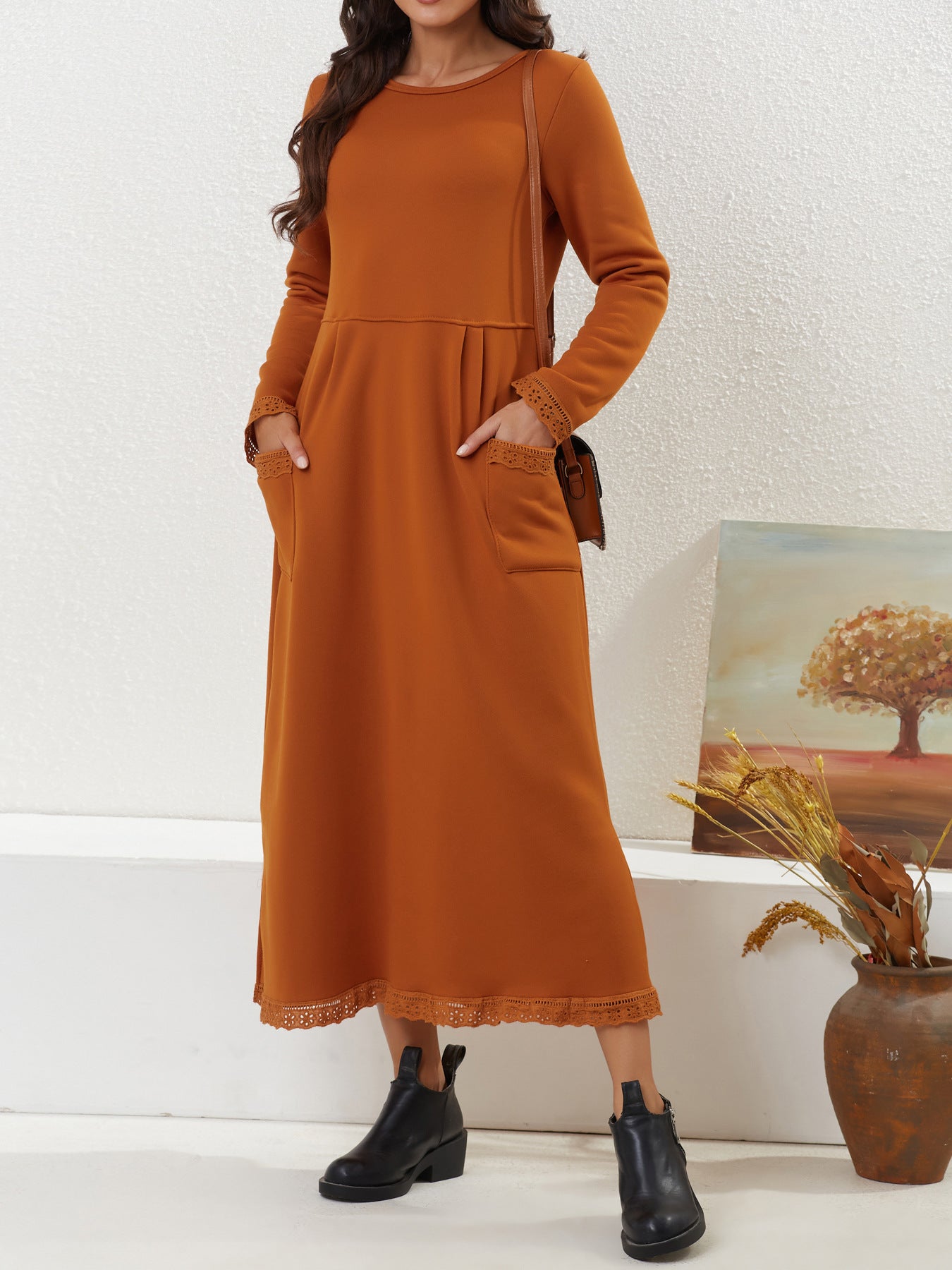Autumn Loose Oversized Knit Lace Brushed Hoody Dress