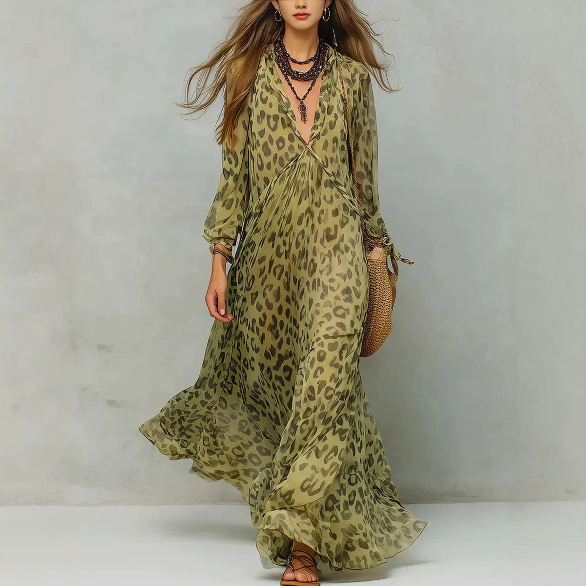Women's Leopard Print Chiffon Long Sleeve Deep Dress
